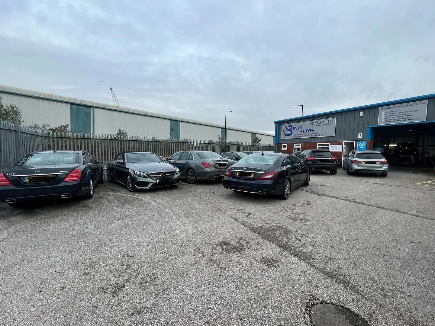 Benza Autos workshop exterior in Birkenhead with Mercedes-Benz vehicles