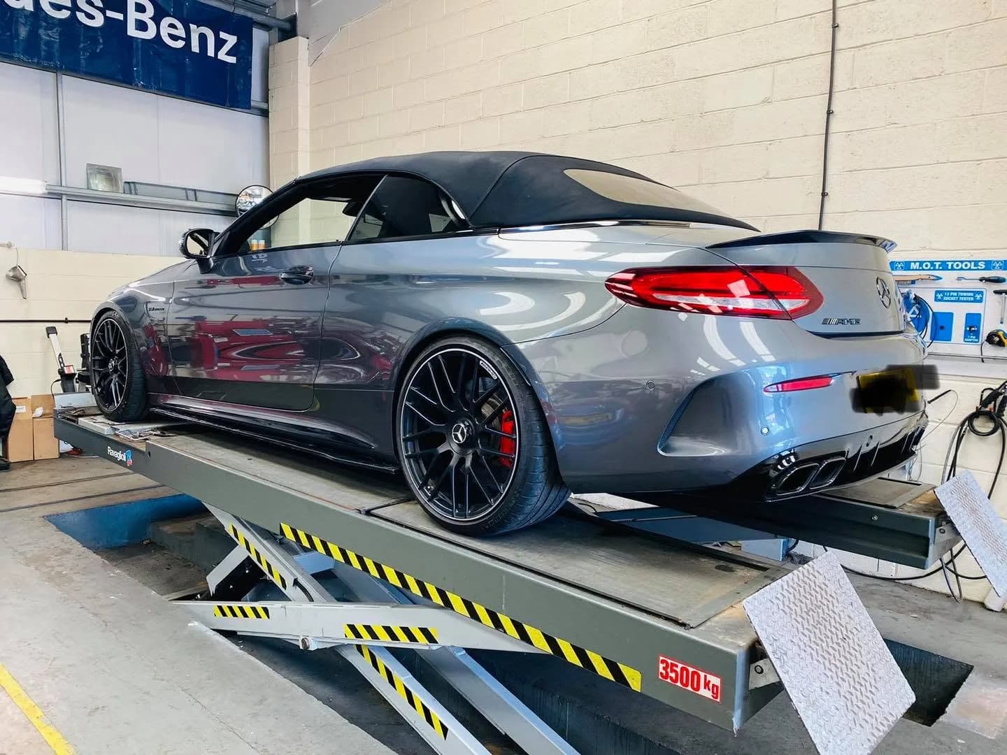 Mercedes-Benz AMG on MOT inspection ramp at Benza Autos workshop