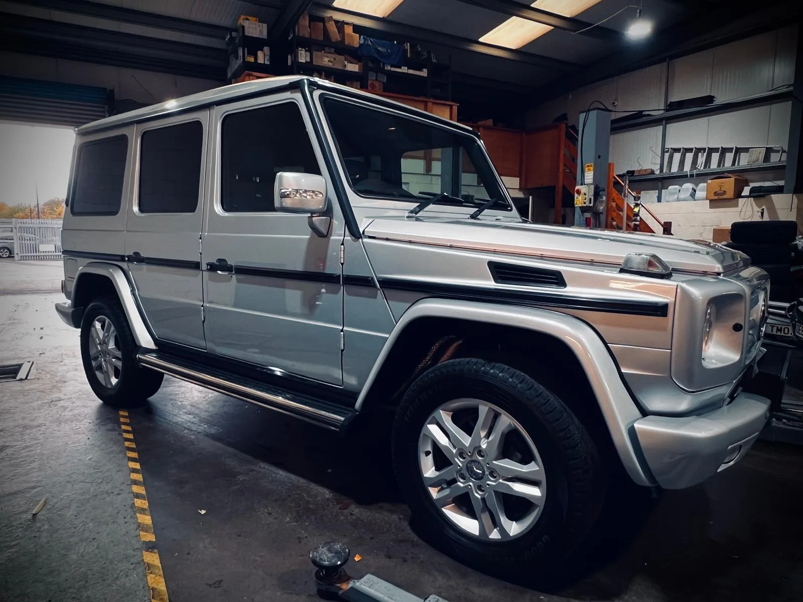 Mercedes-Benz G-Class in the Benza Autos workshop in Birkenhead