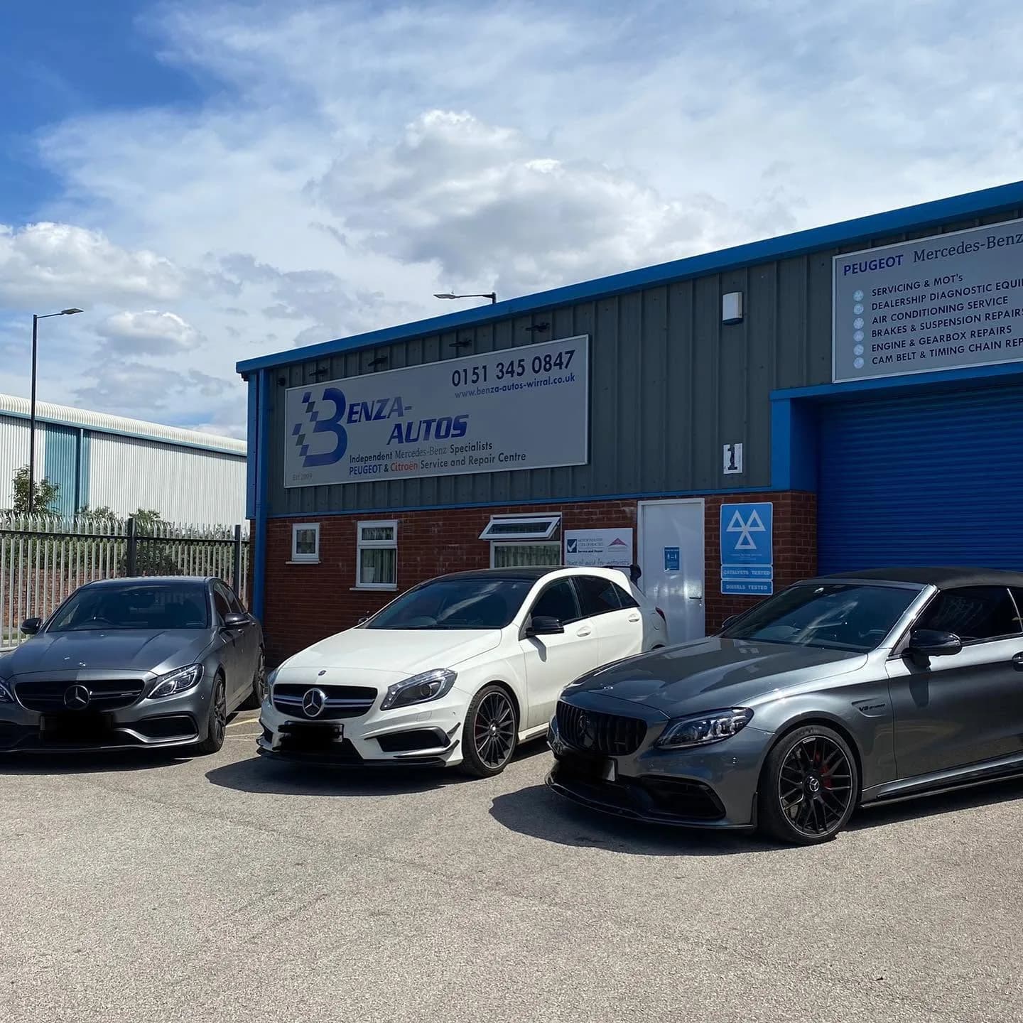 Mercedes-Benz vehicles outside Benza Autos workshop in Birkenhead