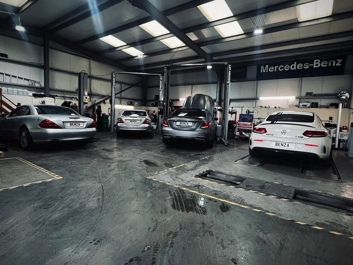 Mercedes-Benz vehicles in the Benza Autos workshop in Birkenhead